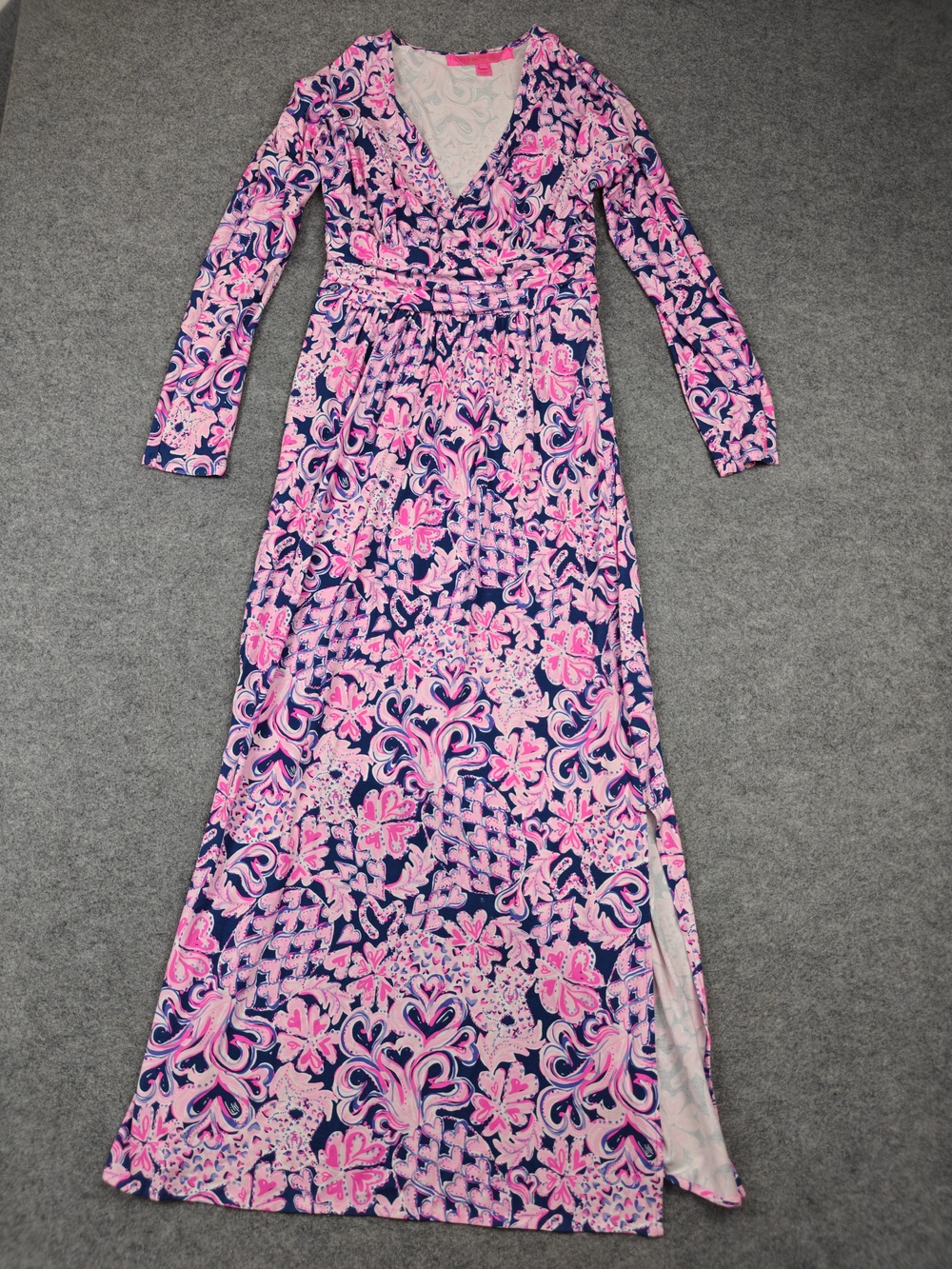Lilly Pulitzer Dress Womens Small Pink Floral Maxi Wrap Jersey Rayon Belted